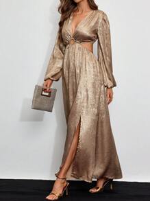 Zolique 女士性感金属短款高开叉连衣裙，春夏新年节日派对服装超长女士服装 - 金色 - 查看 4