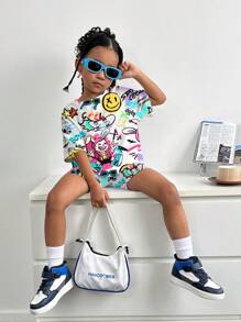 SHEIN 2 piezas Conjunto informal de verano para niñas preadolescentes con camiseta gráfica de dibujos animados y pantalones cortos, diseño de patrón fresco - Multicolor - Ver 5