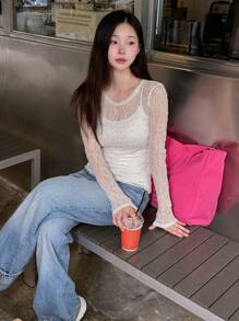 DAZY 女士纯色修身透视 T 恤，春夏季外出上衣长袖女上衣，秋季女装 - 白色 - 查看 3