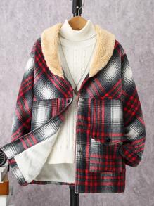 SHEIN Tween Boys Plaid Print Plush Woolen Jacket