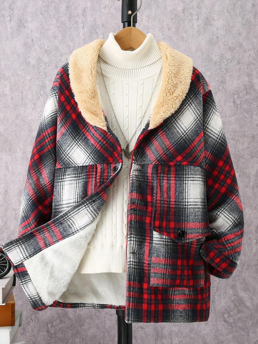 SHEIN Tween Boys Plaid Print Plush Woolen Jacket