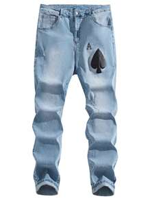 Manfinity Hypemode Plus Size Men's Distressed Light Blue Denim Jeans With Poker Print