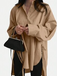 INAWLY Plus Size Spring & Autumn Casual Solid Color High Low Split Shirt Fall Cloth For Women - Brown - View 1