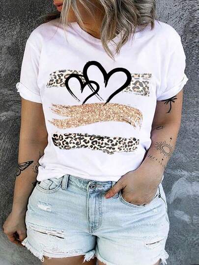 INAWLY Plus Size Women Heart & Leopard Print Short Sleeve T-Shirt, Graphic Cheetah Print Tee, Summer Top