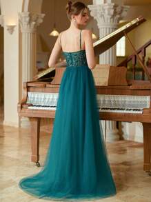 Long Tulle A-Line Spaghetti Beaded Women Evening Dress - Dark Green - View 2