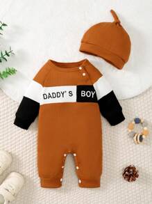 SHEIN 2pcs Baby Letter Embroidered Contrast Color Jumpsuit With Hat Set - Rust Brown - View 5