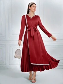 Modelyn 女士纯色拼布 V 领长袖褶皱长袍连衣裙长款晚礼服 - 紅色 - 查看 2