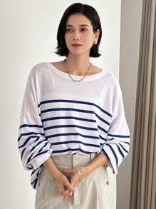 FRIFUL Women's Crew Neck Striped Long Sleeve Loose Knit Sweater, Casual Fall - Blue - View 1