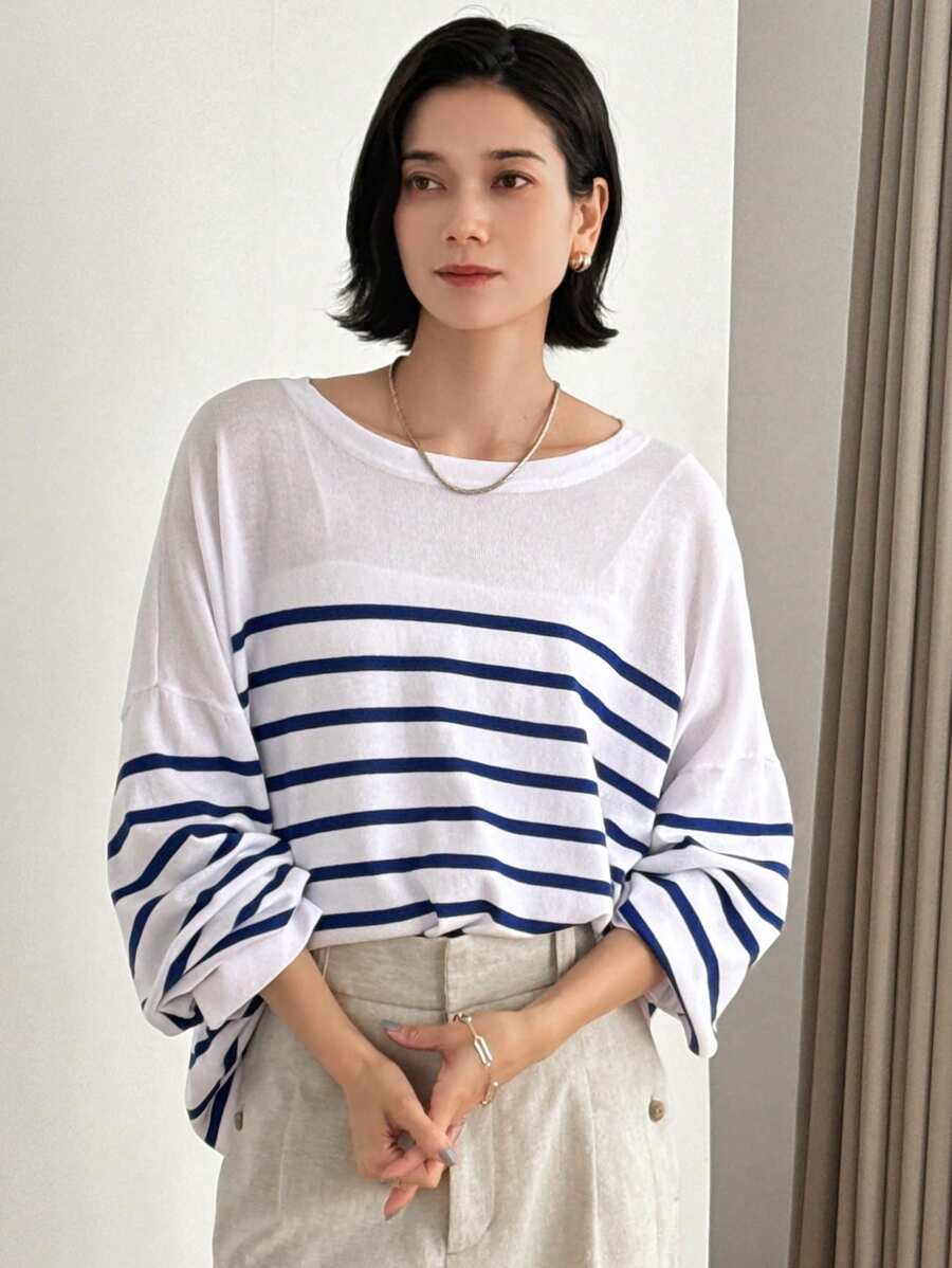 FRIFUL Women's Crew Neck Striped Long Sleeve Loose Knit Sweater, Casual Fall - Blue - View 1