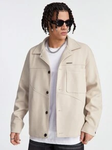 Manfinity VCAY Men's Solid Color Loose Fit Woolen Casual Jacket, Fall Plain Fashion Overcoat For Friends
