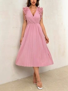 SHEIN Privé Vestido elegante y romántico para uso diario de mujer, para citas, de verano con ribete de volantes en el borde, cuello en V, cintura plisada y sin mangas en longitud media