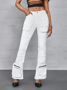 SHEIN ICON Quần Jeans Skinny Bootcut Nhiều Túi Màu Trơn Thường Ngày Cho Nữ - trắng - Xem 5