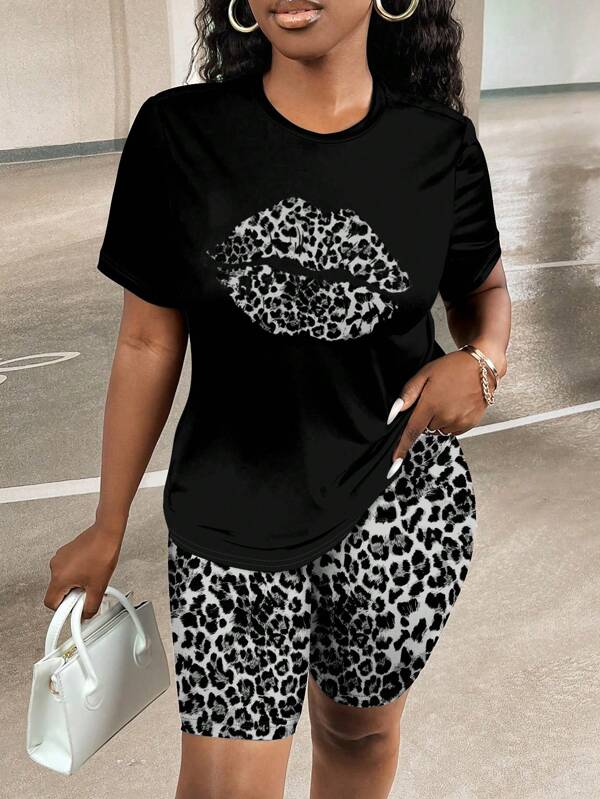 Slaydiva Set de tricou și pantaloni scurți cu mânecă scurtă, 2 bucăți, leopard, leopard, design casual, vară