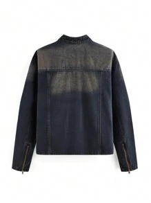 Chillumni Jaket Motor Denim Hitam Model Longgar dengan Efek Usang untuk Pria Ukuran Besar - Hitam - View 2