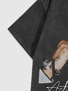 ROMWE MEN Street Life Men's Portrait & Acid-Washed Short Sleeve T-Shirt, Suitable For Spring/Summer Daily Wear