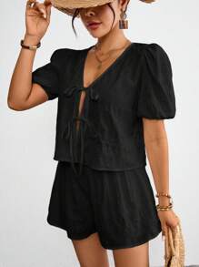 SHEIN VCAY 女士夏季纯色前系带衬衫短裤套装，短袖衬衫短裤两件套 - 黑色 - 查看 5