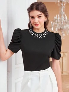 SHEIN Blusa elegante con mangas globo, cuello con cuentas y tejido de punto negro para adolescentes - Negro - Ver 3