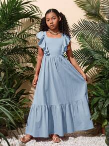 SHEIN Vestido informal de unicolor con dobladillo de volantes tejido para niñas preadolescentes, primavera verano - Celeste - Ver 4