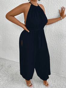 SHEIN LUNE Plus Size Women's Solid Color Simple Open Shoulder Jumpsuit - Navy Blue - View 4