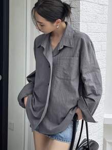 DAZY Casual Solid Color Drop Shoulder Loose Long Sleeve Shirt, Spring Summer,Fall Clothes - Grey - View 3