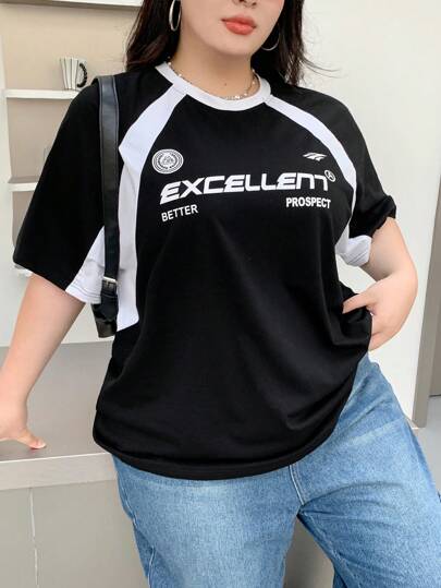 Dazy Plus Plus Size Contrast Color Block Graphic Print Loose Short Sleeve T-Shirt, Spring/Summer,Fall Clothes