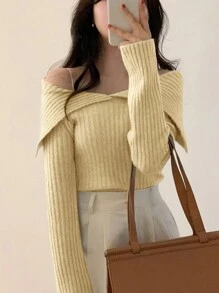 DAZY Women Off Shoulder Solid Minimalist Casual Sweater Off Shoulder Sweater,Fall Women Clothes Cute Tops - Yellow - View 6