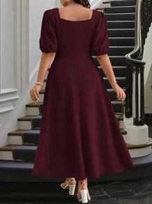 Celure Vestido casual de manga corta con cuello cuadrado liso para mujer de tallas grandes, conjunto de mujer color borgoña