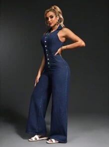 SHEIN SXY Mono de mezclilla de mujer sin mangas y de unicolor, de estilo sencillo