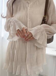 FRIFUL Áo cánh đơn sắc cài nút phía trước cho nữ, phong cách kỳ nghỉ, áo dài tay, bèo nhún - trắng - Xem 6