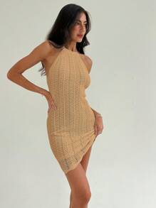 SHEIN Privé Women Open Shoulder Solid Color Simple Knitted Casual Dress