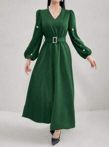 Modelyn Váy thường ngày viền ngọc trai giả dài tay cổ chữ V dành cho nữ - màu xanh lá - Xem 3