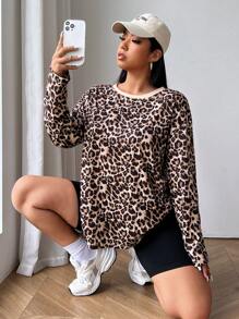 SHEIN EZwear Plus Size Women's Long Sleeve Leopard Print Crew Neck T-Shirt - Multicolor - View 1