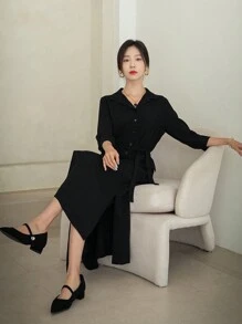 DAZY 女式纯色前扣开衩长款优雅黑色衬衫裙，秋季服装 - 黑色 - 查看 13