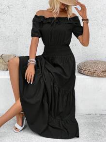 Breezaya Vestido Feminino de Cor Única com Gola Cruzada e Bainha Frisada, Estilo Casual de Verão - Preto - Visão 5