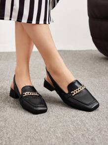 CUCCOO BIZCHIC Woman Shoes Fashion Chain Decor Black Square Toe Slingback Flats For Summer Vacation Shoes Summer Back To School Shoes College Student Shoes Elegant Basics Business Casual Business Chic Spring Shoes Spring Break Easter For Christmas - Black - View 7