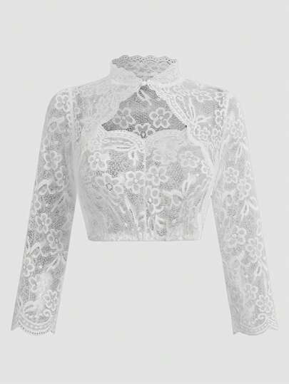 Fairmaia Women's Elegant Solid Color Stand Collar Hollow Lace Blouse, Summer, Dirndl Long Sleeve Tops, For Oktoberfest