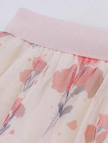 Floral Mesh Overlay Printed Skirt - Pink - View 6