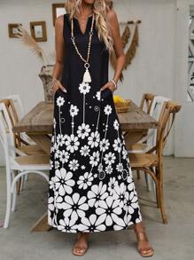 SHEIN LUNE 女式波西米亚风印花无袖连衣裙，非常适合度假、休闲和优雅的春夏时尚长款女装 - 黑色 - 查看 6
