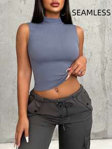 Zolique Women's Seamless Solid Color Sleeveless Mock Neck Tank Top, Summer - Dusty Blue - View 1