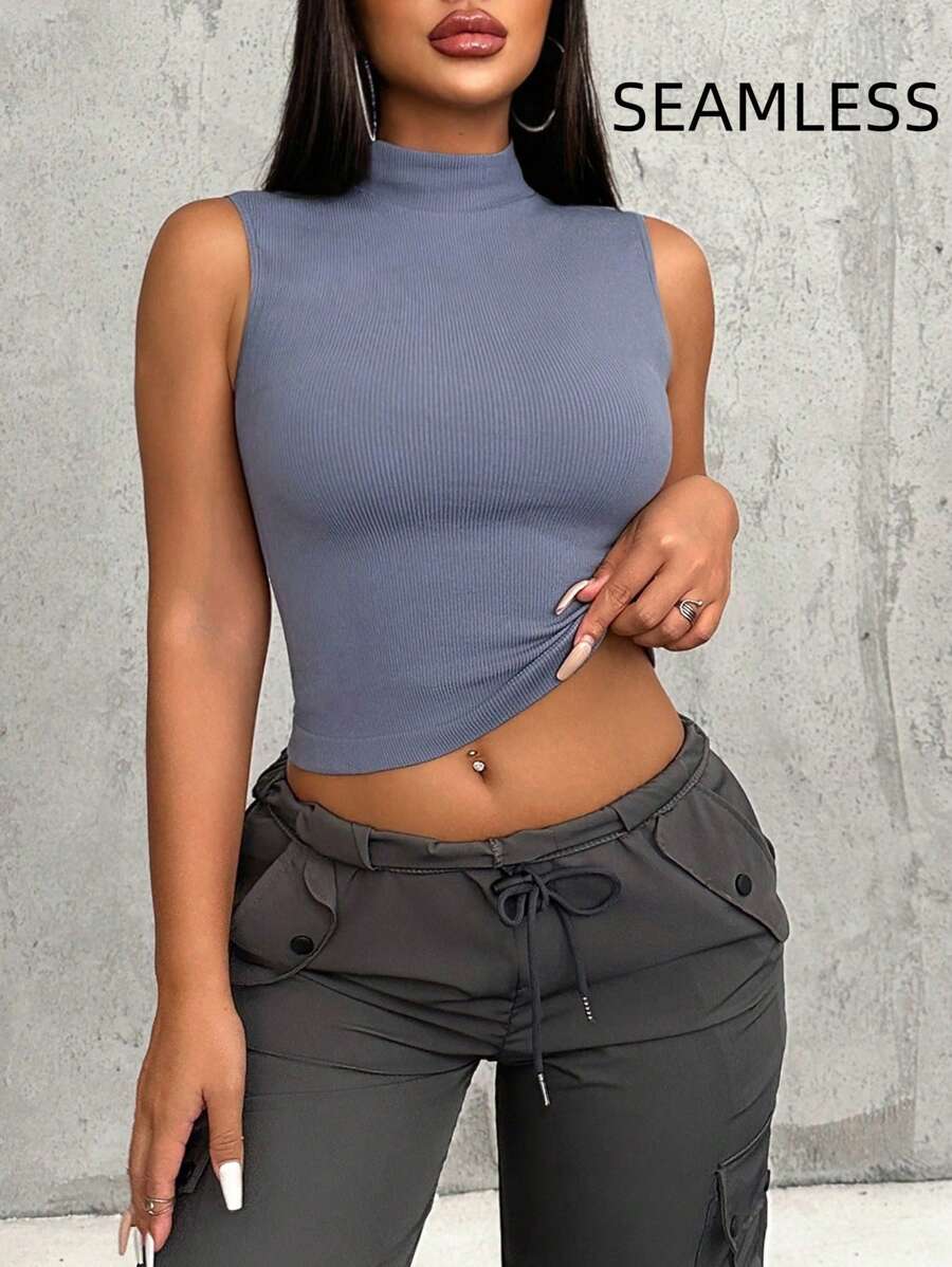 Zolique Women's Seamless Solid Color Sleeveless Mock Neck Tank Top, Summer - Dusty Blue - View 1