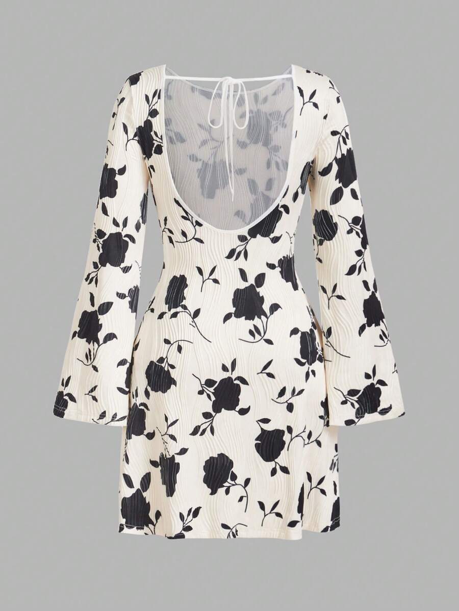 SHEIN Essnce Nữ In Hoa Hở Lưng Tay Dài Thu Đông Đầm Mùa Thu Trang Phục Mùa Thu Quần Áo Mùa Đông - Đen và trắng - Xem 1