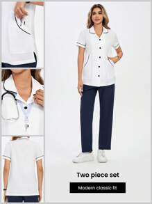 TaskEZ White And Navy Blue Nurse Wear Clothes For Women | Hospital Uniform For Nurses | Clinic Uniforms | Hospital Uniform Contrast Trim Short Sleeve Top And Long Pants  Scrubs Set  Scrub Sets  Uniform Coat Fits For Nurse, Pharmacist, Beautician, Dentist, Physician, Nurse Practitioners, Lab Staffs - Multicolor - View 1