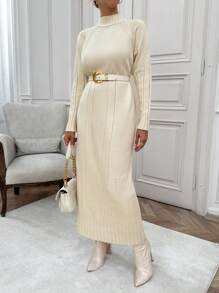 EURMUSE Women High Neck Drop Shoulder Cool Cozy Long Maxi Sweater Dress - Beige - View 8