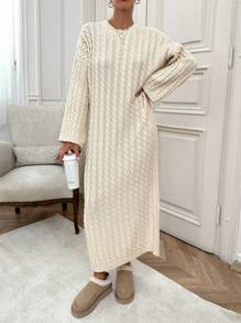 EURMUSE Women Cable Knitting Maxi Sweater Dress - Beige - View 1