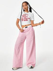 SHEIN EZwear Women's Back To School Street Style Cool Casual Women Spliced Waist Blue Plaid Weaved  Long Pants - Pink - View 3
