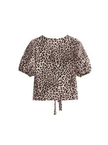 INAWLY 女式夏季豹纹前系带宽松泡泡袖衬衫