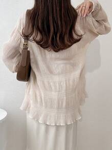 FRIFUL Áo cánh đơn sắc cài nút phía trước cho nữ, phong cách kỳ nghỉ, áo dài tay, bèo nhún - trắng - Xem 5