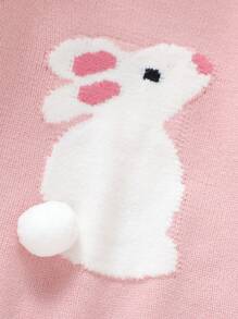 1 件装幼儿女童针织连衣裙，兔子嵌花设计，长袖保暖时尚休闲中长款毛衣裙 - 粉色 - 查看 3