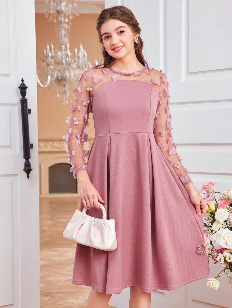 SHEIN Leap Crew Thiếu niên cô gái Đan Màu thuần 3D Hoa Lưới Sợi Viễn cảnh Đầm - Hồng - Xem 1