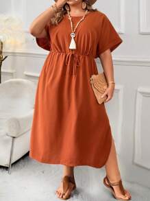 SHEIN CURVE+ Plus Size Dress With Strap And Slit - Rust Brown - View 3